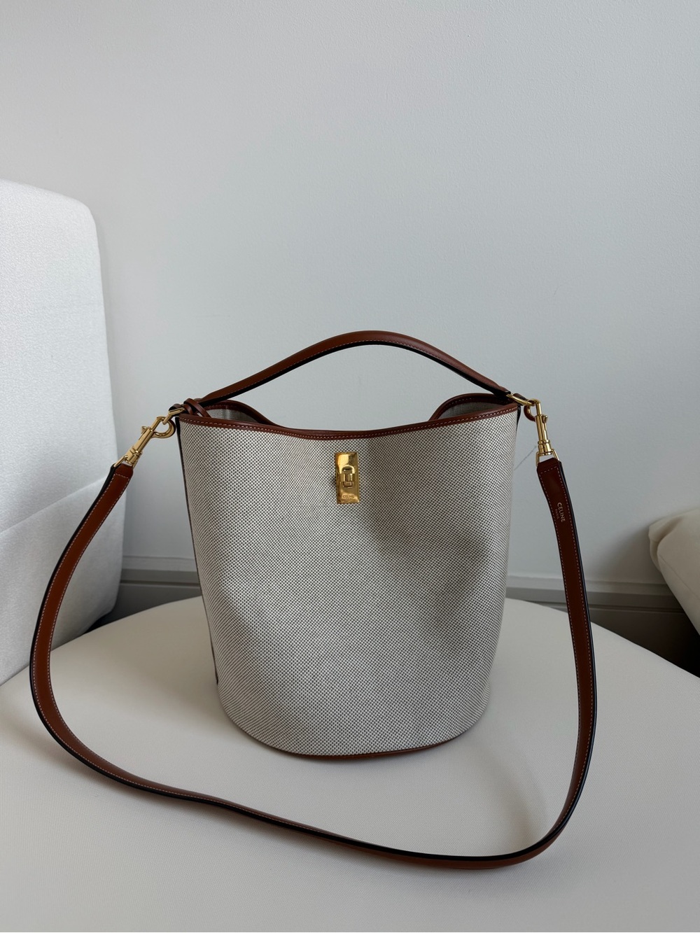 Celine Beige Canvas Bucket Bag with Brown Leather Trim and Gold Hardware - Picture 2 of 14